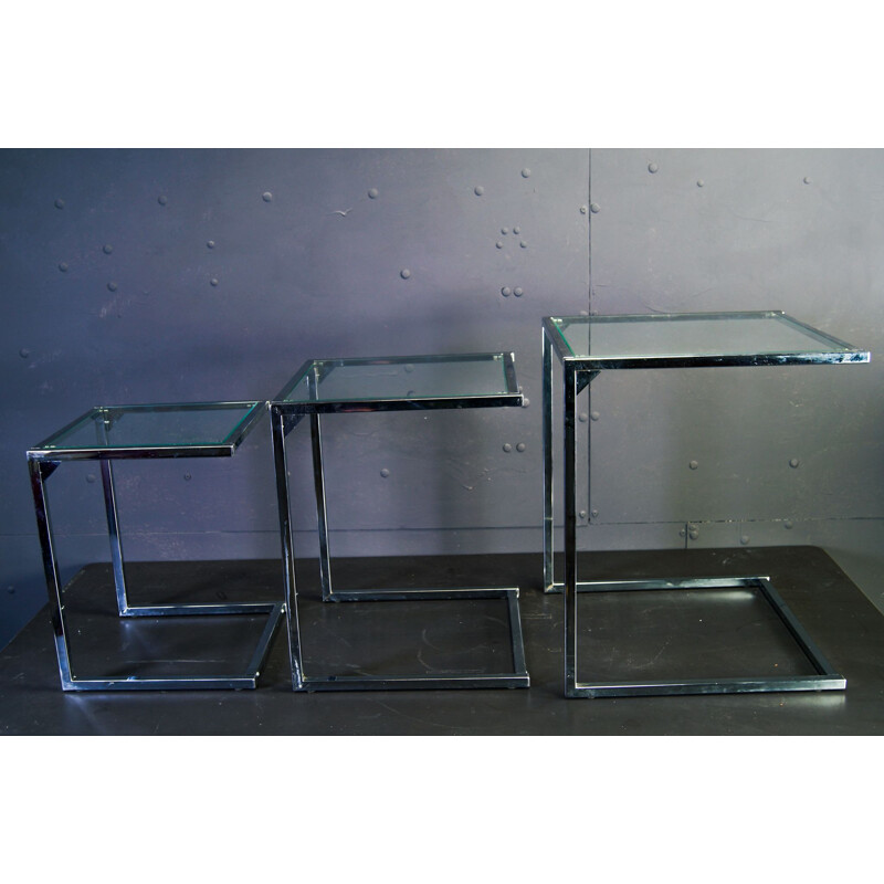 Chrome square vintage nesting tables with glasstop