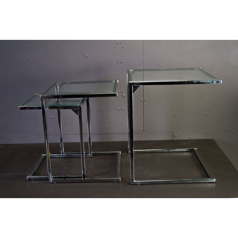 Chrome square vintage nesting tables with glasstop