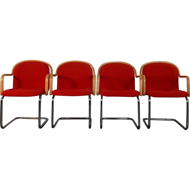 Set of 4 vintage cantilever chairs in beech, metal and red fabric, 1970s