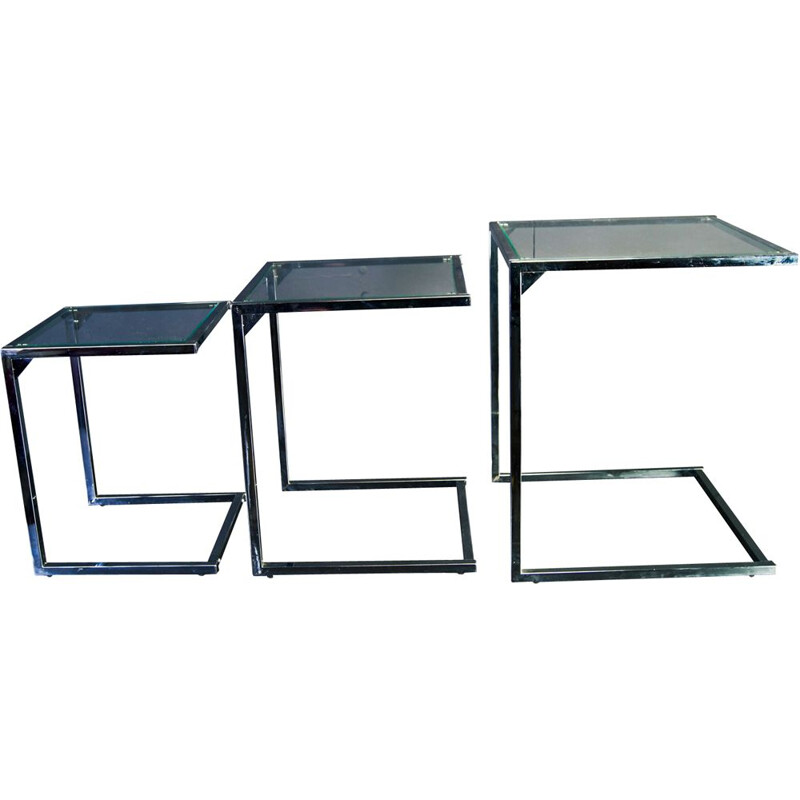 Chrome square vintage nesting tables with glasstop