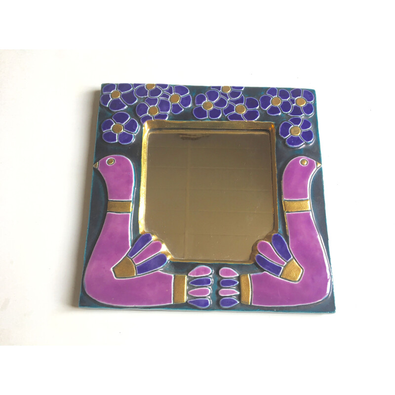 Vintage glazed ceramic mirror by François Lembo