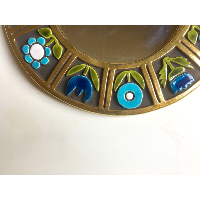 Vintage glazed ceramic mirror with floral decoration by François Lembo