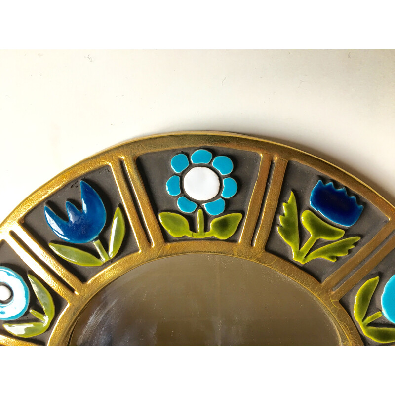 Vintage glazed ceramic mirror with floral decoration by François Lembo