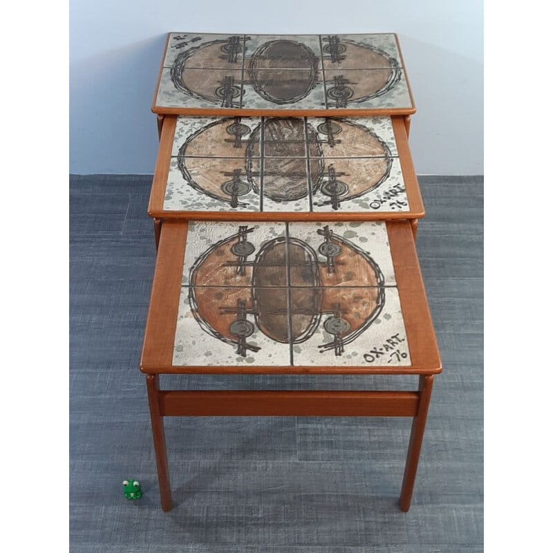 Set of 3 teak & ceramic nesting tables, design OX Art by Trioh, 1976
