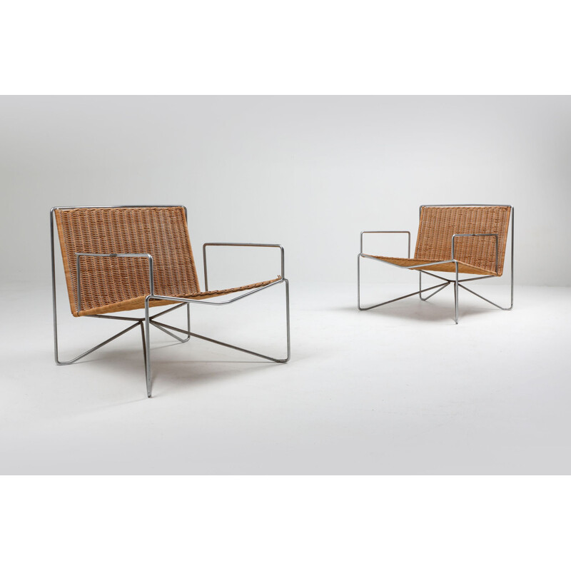 Pair of vintage rattan & steel armchairs by Gelderland 1964