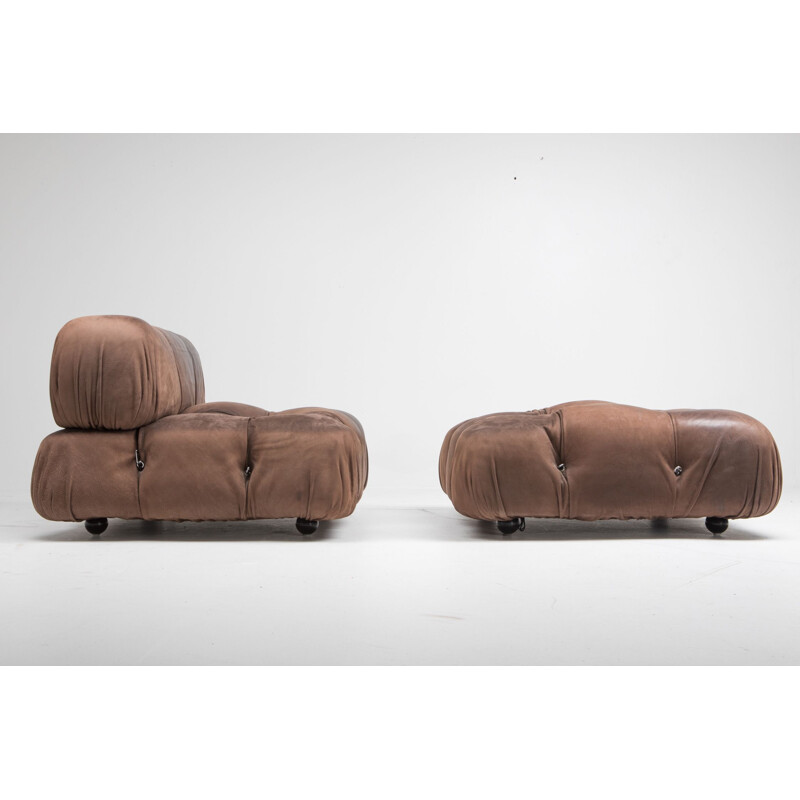 Paire de chaises lounges vintage Camaleonda en cuir marron d'origine par Mario Bellini 1970s