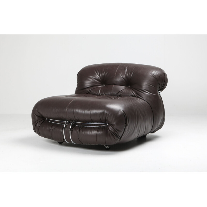 Fauteuil lounge vintage Soriana en cuir marron foncé par Afra & Tobia Scarpa 1969