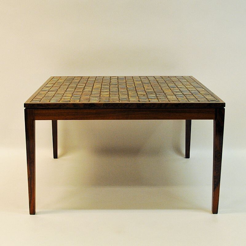 Vintage rosewood table with small ceramic tiles, Denmark, 1960s