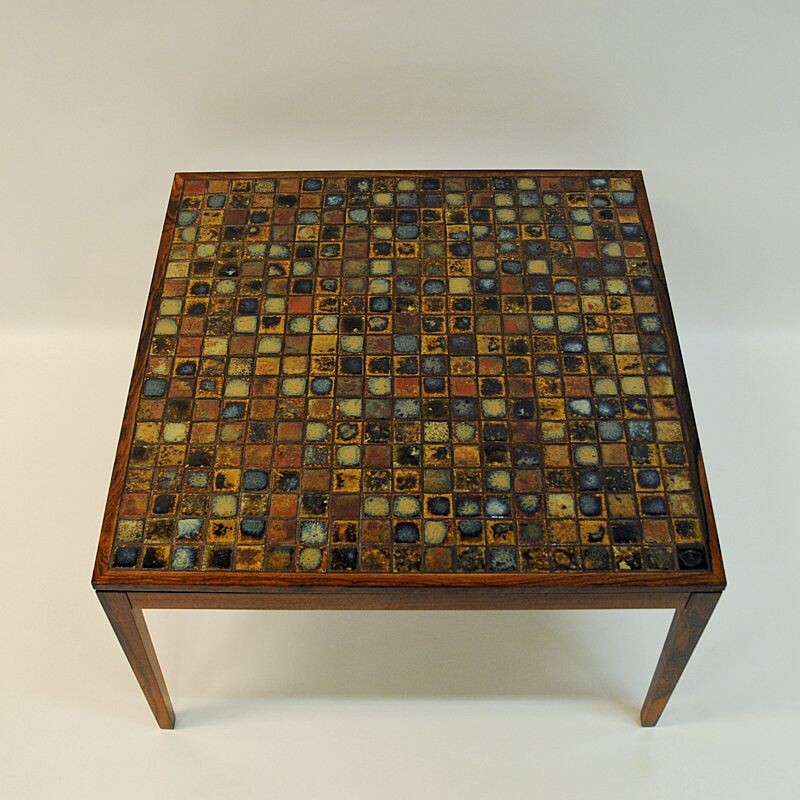 Vintage rosewood table with small ceramic tiles, Denmark, 1960s