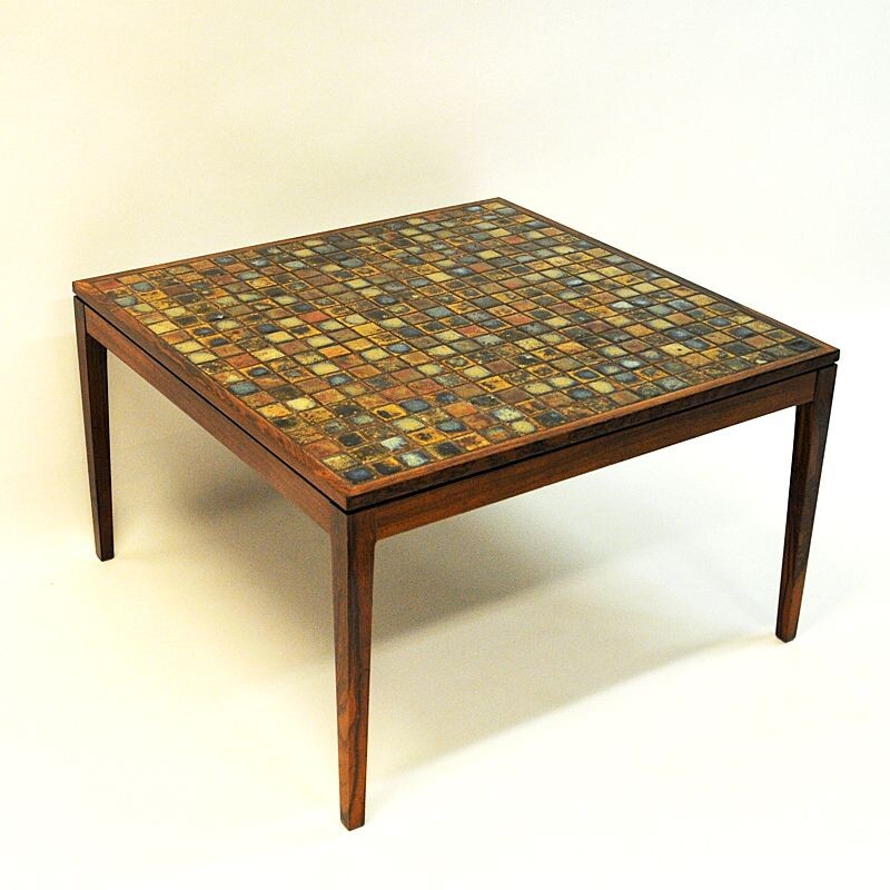 Vintage rosewood table with small ceramic tiles, Denmark, 1960s