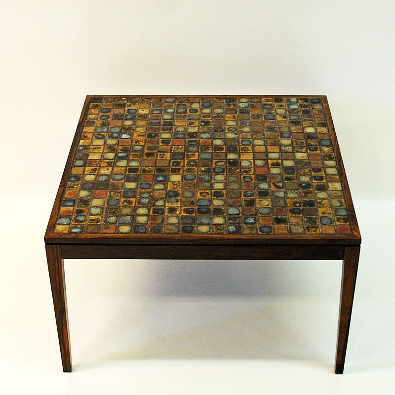 Vintage rosewood table with small ceramic tiles, Denmark, 1960s