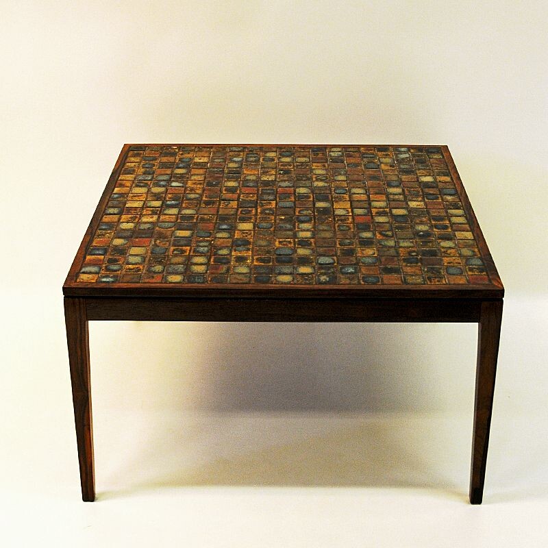 Vintage rosewood table with small ceramic tiles, Denmark, 1960s