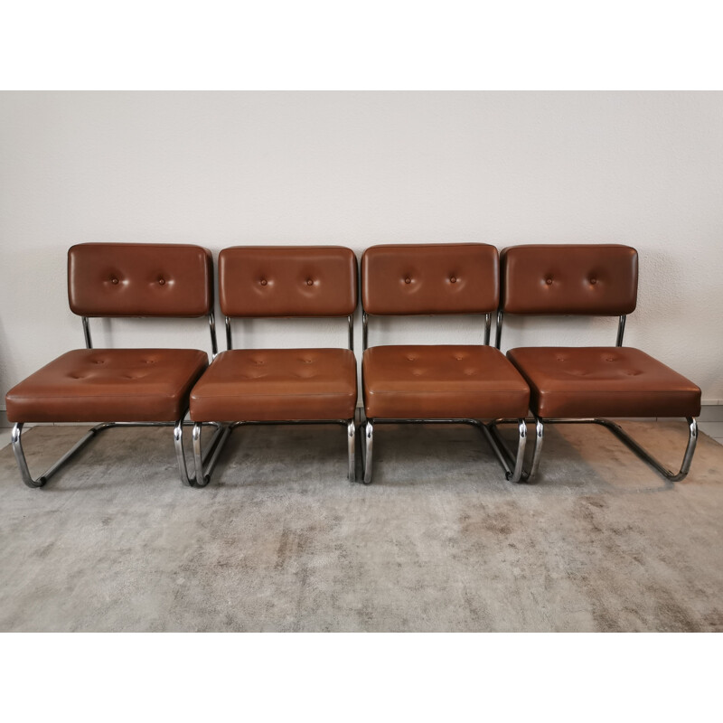 Suite of 4 low chairs in skai and chrome 1970