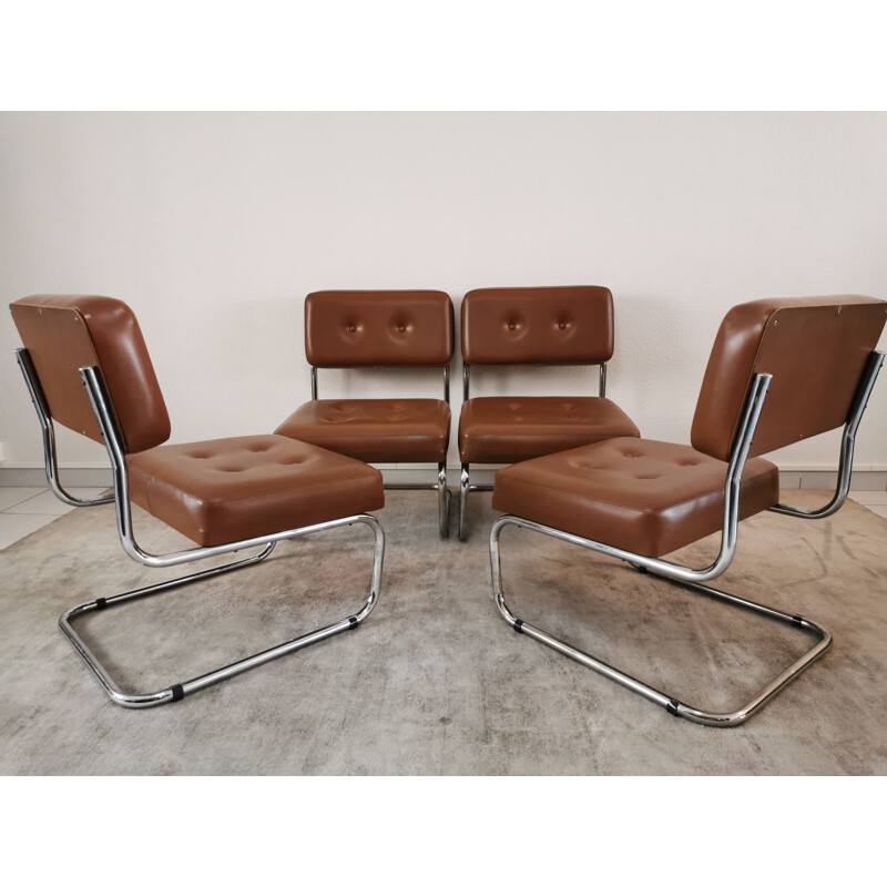 Suite of 4 low chairs in skai and chrome 1970