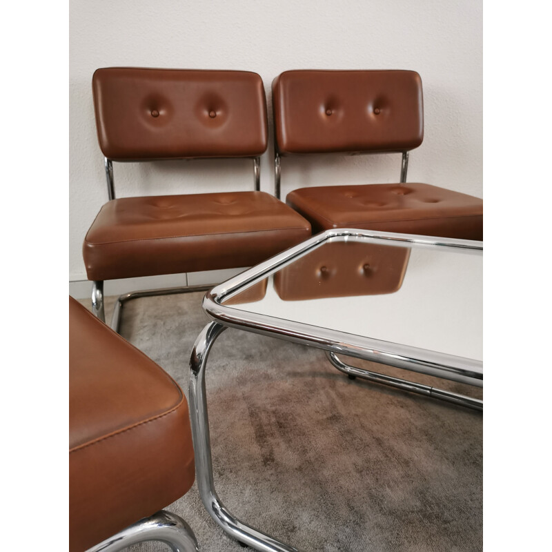 Suite of 4 low chairs in skai and chrome 1970