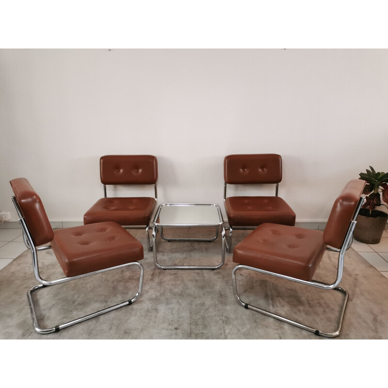 Suite of 4 low chairs in skai and chrome 1970