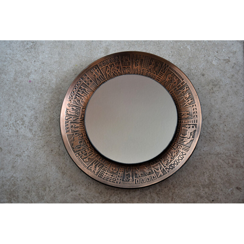 Vintage Italian copper modern round wall mirror by M.Furgeri