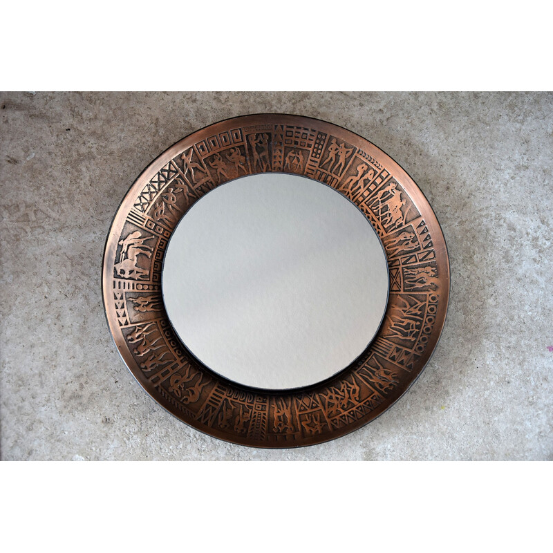 Vintage Italian copper modern round wall mirror by M.Furgeri