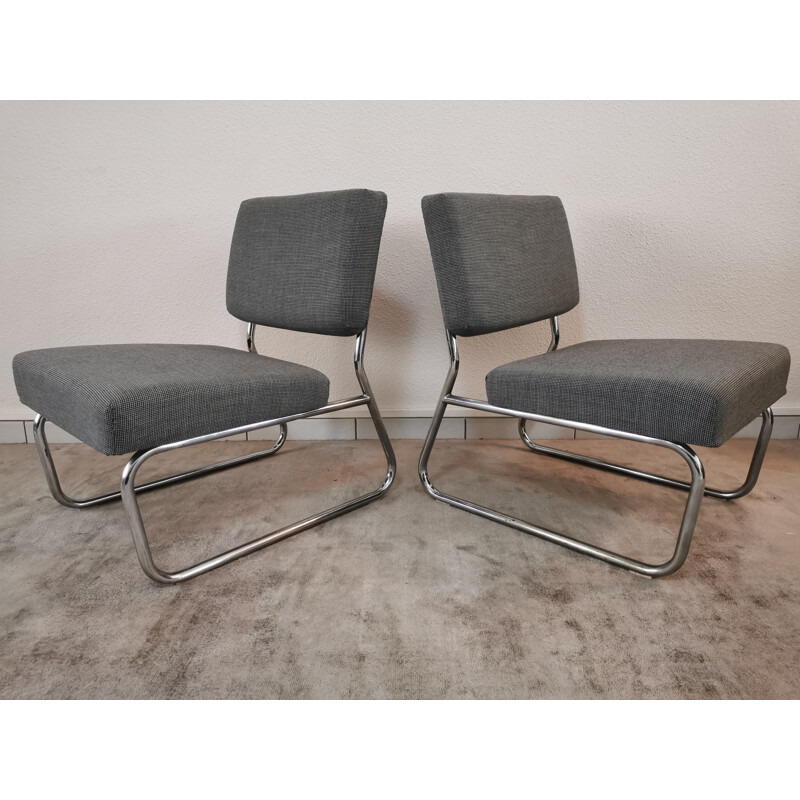 Pair of vintage chrome and fabric low chairs  