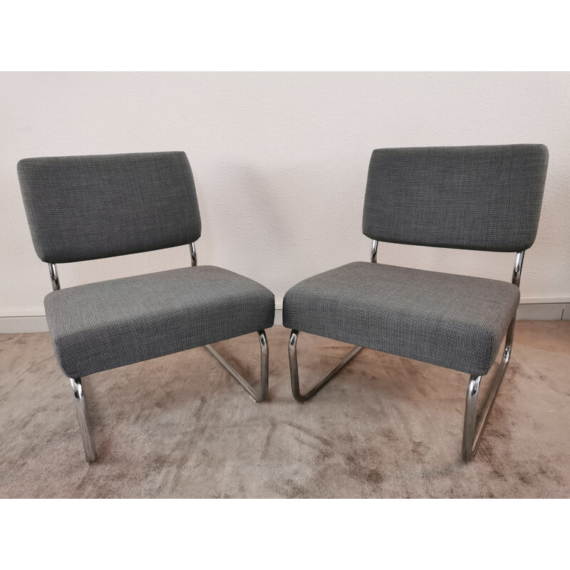 Pair of vintage chrome and fabric low chairs  