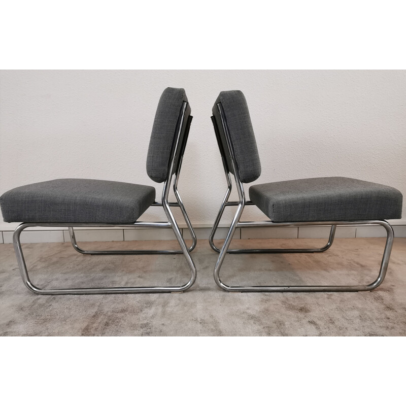 Pair of vintage chrome and fabric low chairs  