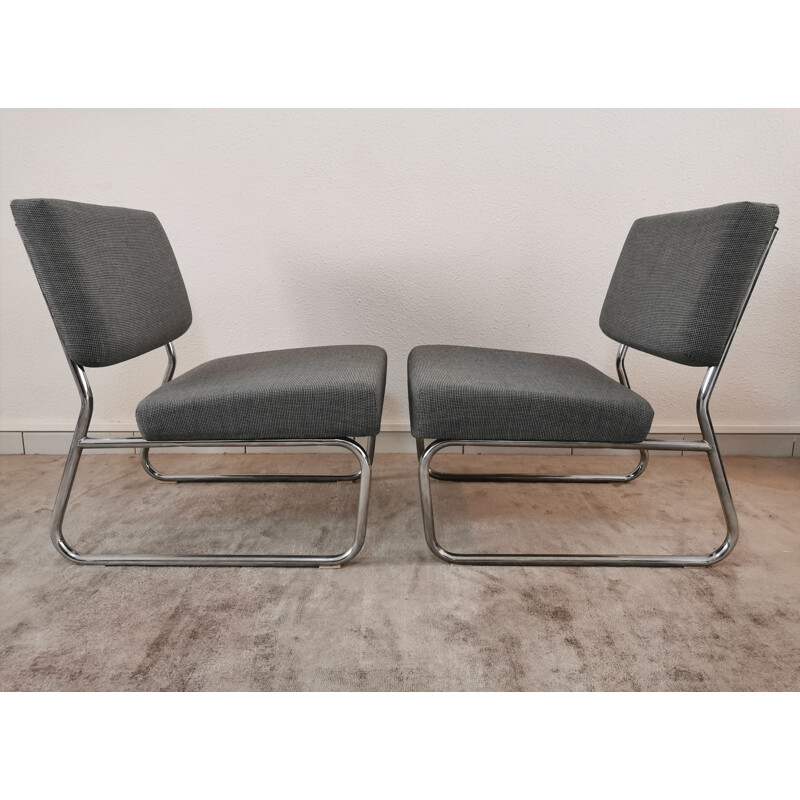 Pair of vintage chrome and fabric low chairs  