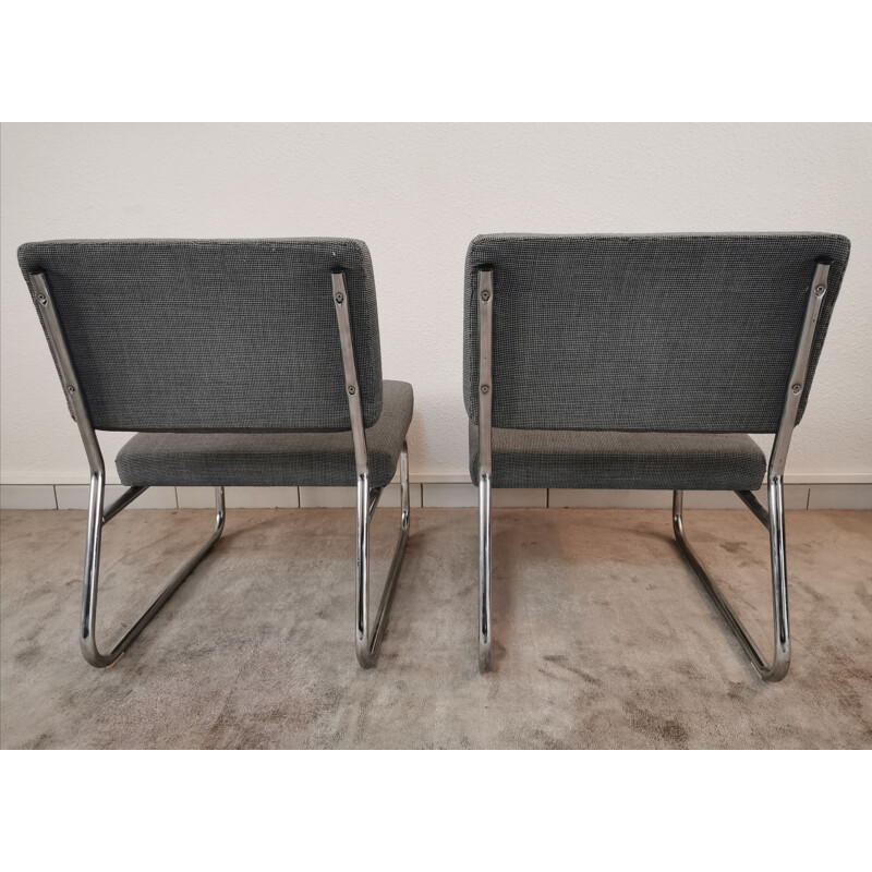 Pair of vintage chrome and fabric low chairs  