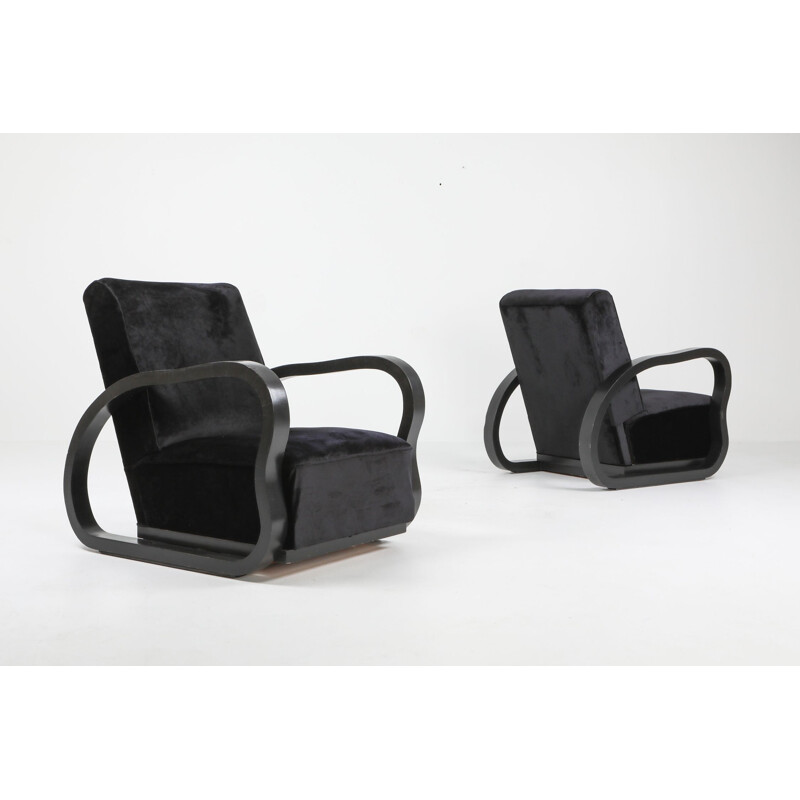 Pair of vintage black velvet lounge chairs in the manner of Halabala 1950s