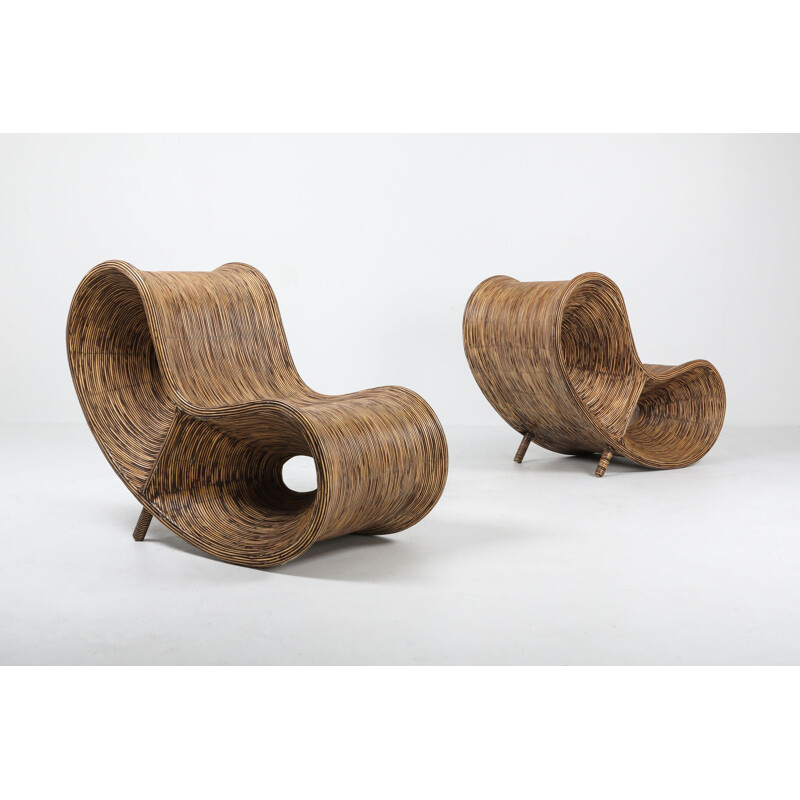 Pair of vintage bamboo rattan lounge chairs, Italy, 1980s
