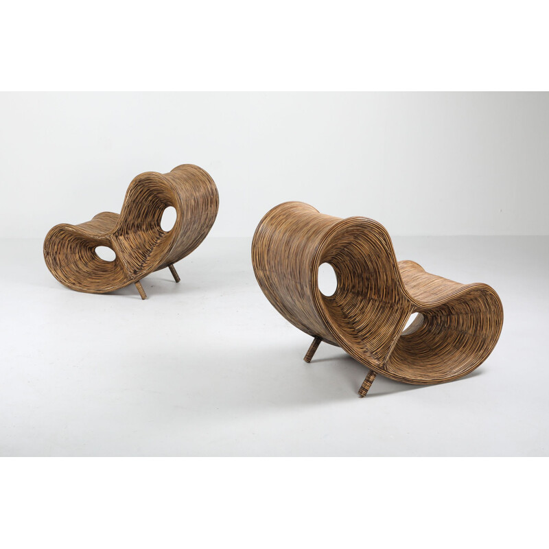 Paire de fauteuils lounge vintage en bambou de rotin, Italie, 1980