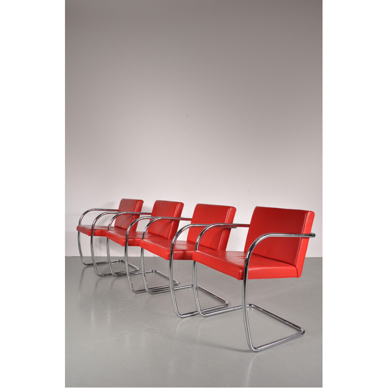 Suite de 4 chaises Knoll en métal et cuir rouge, Mies VAN DER ROHE - 1970