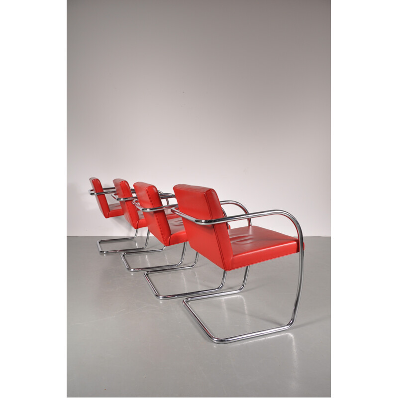 Set of 4 Knoll chairs in red leather, Mies VAN DER ROHE - 1970s