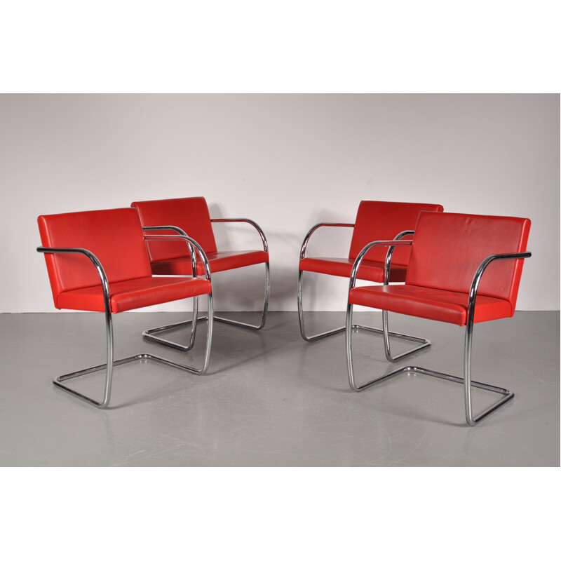 Set of 4 Knoll chairs in red leather, Mies VAN DER ROHE - 1970s