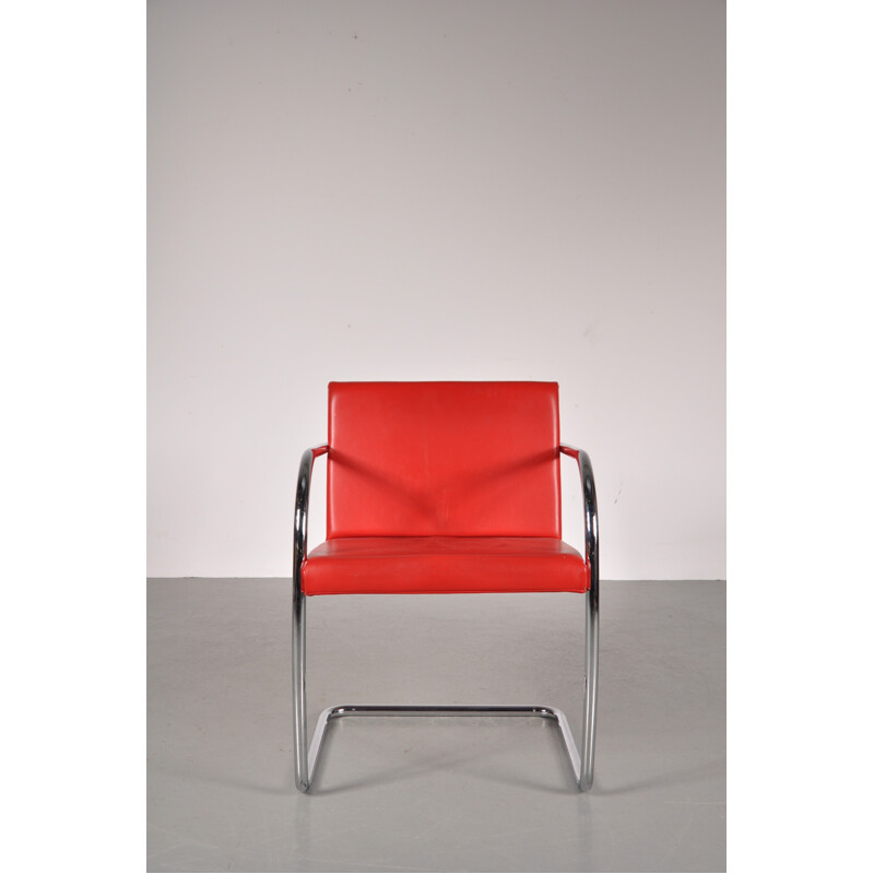 Suite de 4 chaises Knoll en métal et cuir rouge, Mies VAN DER ROHE - 1970