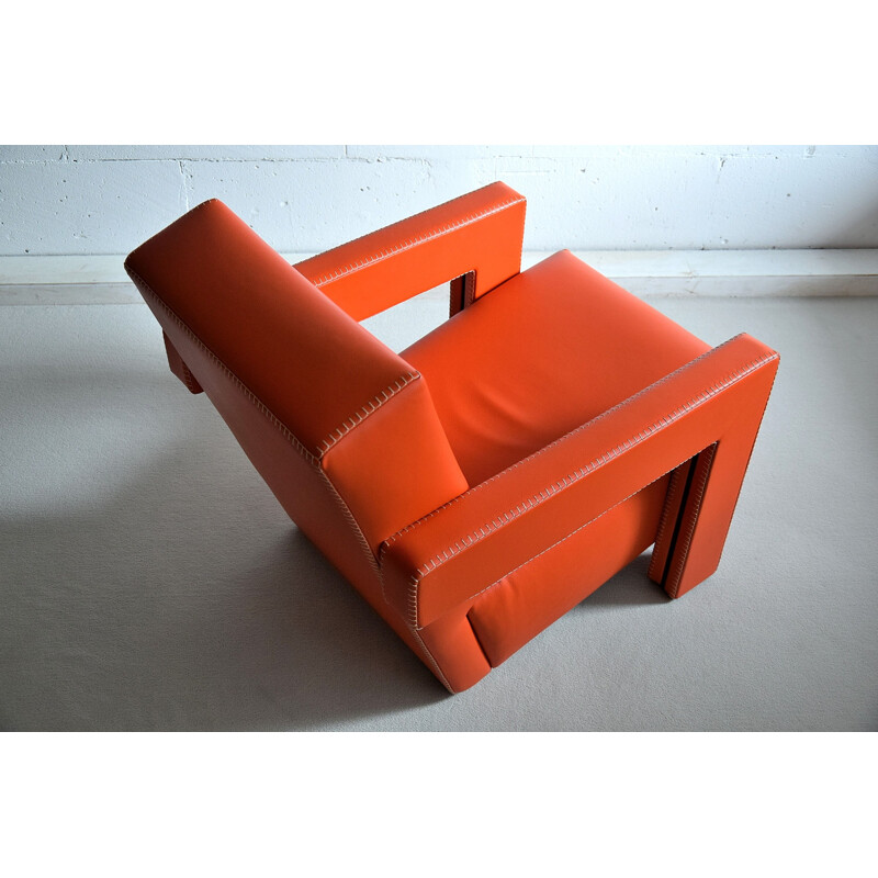 Pair of Vintage Hermes Orange Leather Utrecht Armchairs by Gerrit Rietveld