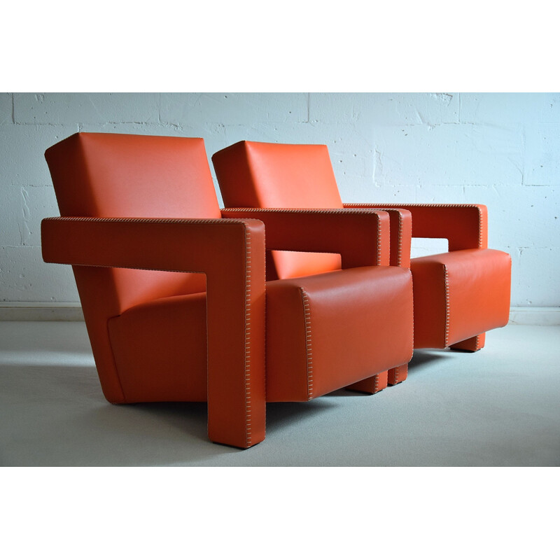 Pair of Vintage Hermes Orange Leather Utrecht Armchairs by Gerrit Rietveld