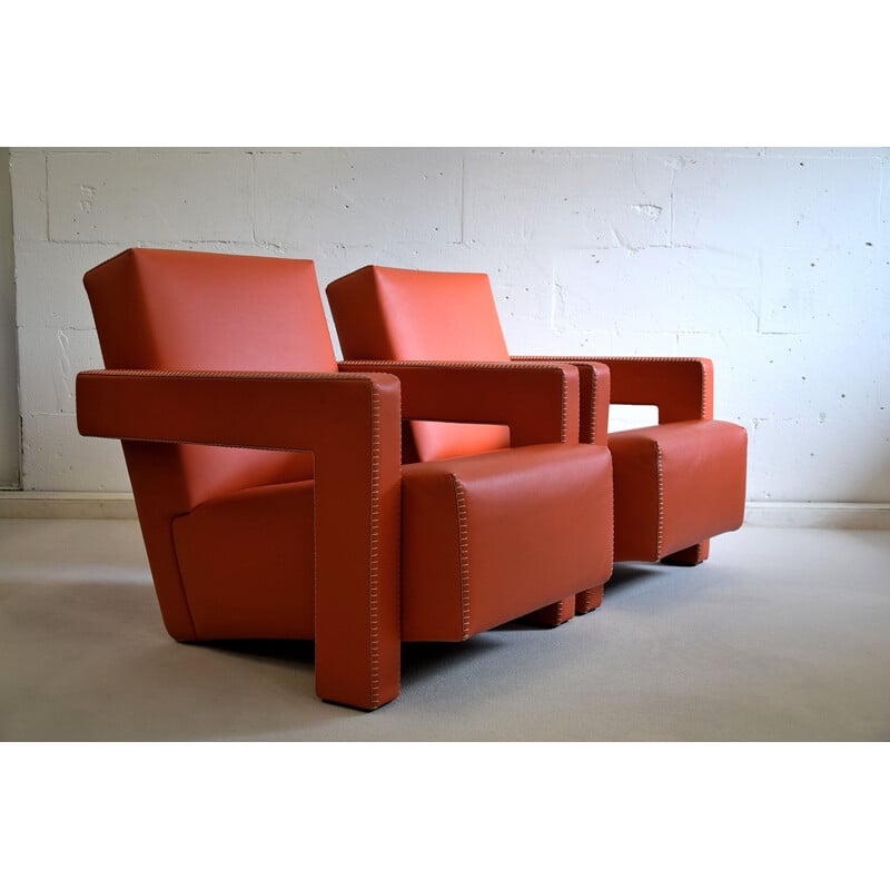 Paire de fauteuils Utrecht Vintage en cuir orange par Gerrit Rietveld