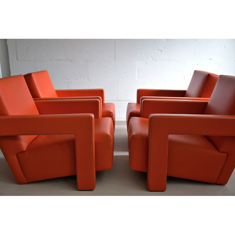 Pair of Vintage Hermes Orange Leather Utrecht Armchairs by Gerrit Rietveld