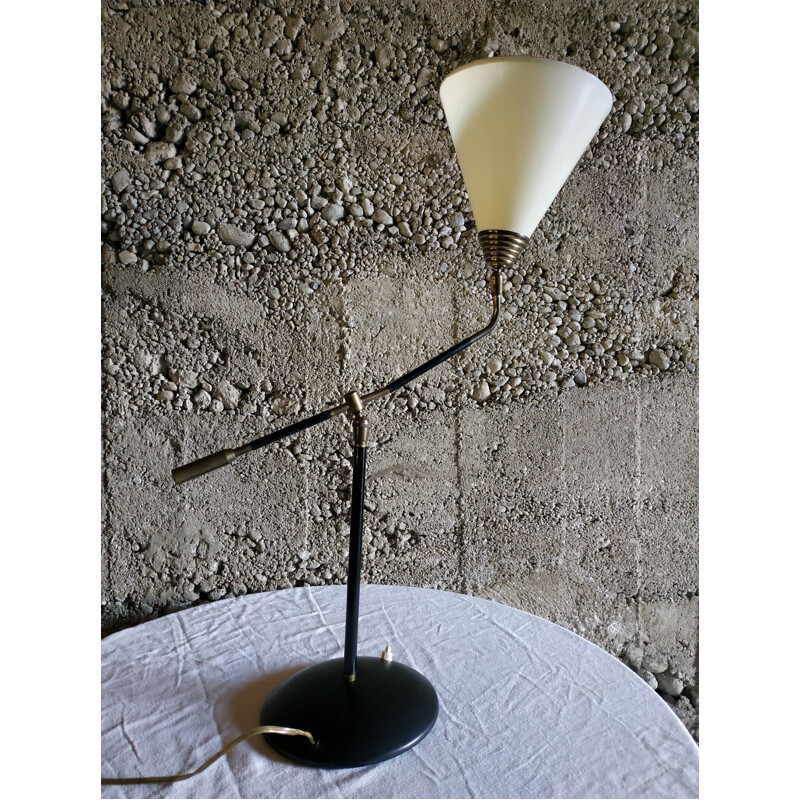 Lampe de table à balancier vintage en métal et laiton 1960