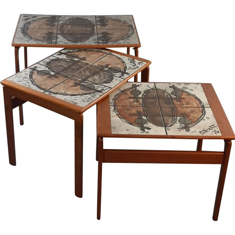 Ensemble de 3 tables gigognes en teck & céramique, design OX Art par Trioh, 1976