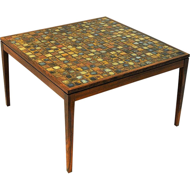 Vintage rosewood table with small ceramic tiles, Denmark, 1960s