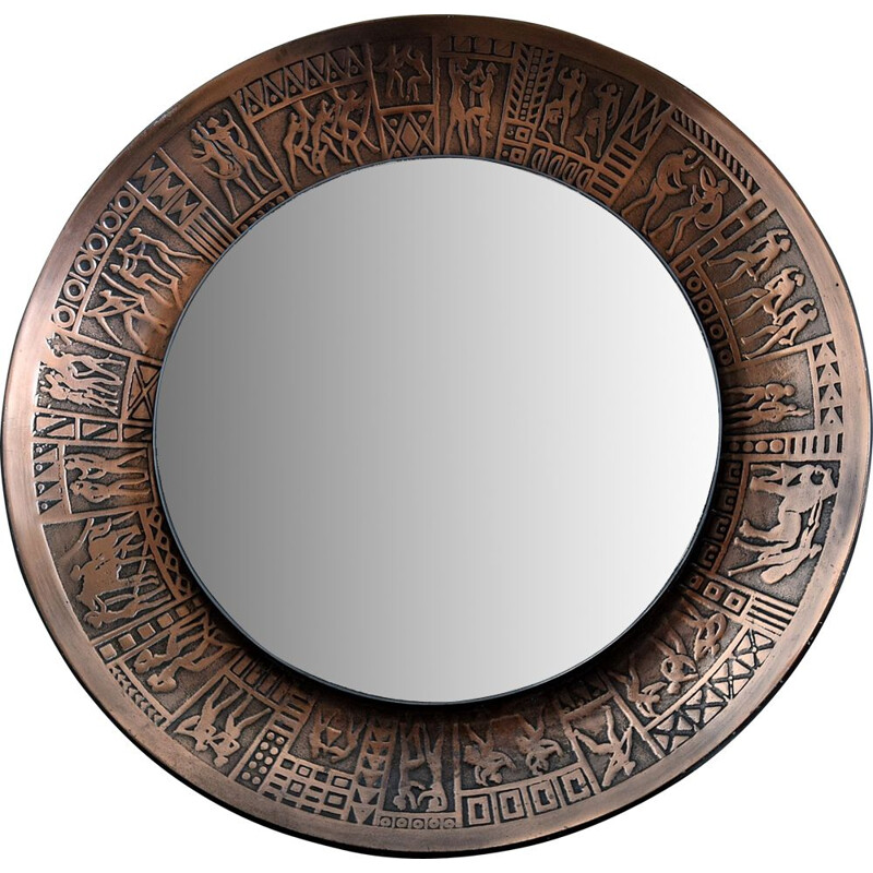 Vintage Italian copper modern round wall mirror by M.Furgeri