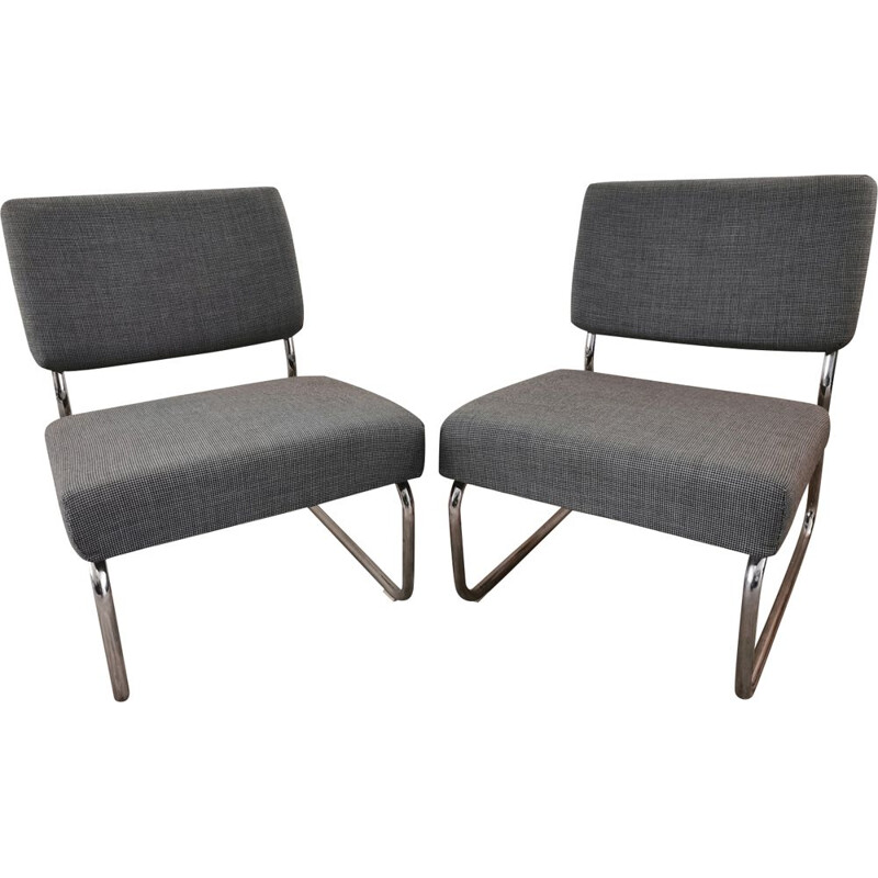 Pair of vintage chrome and fabric low chairs  