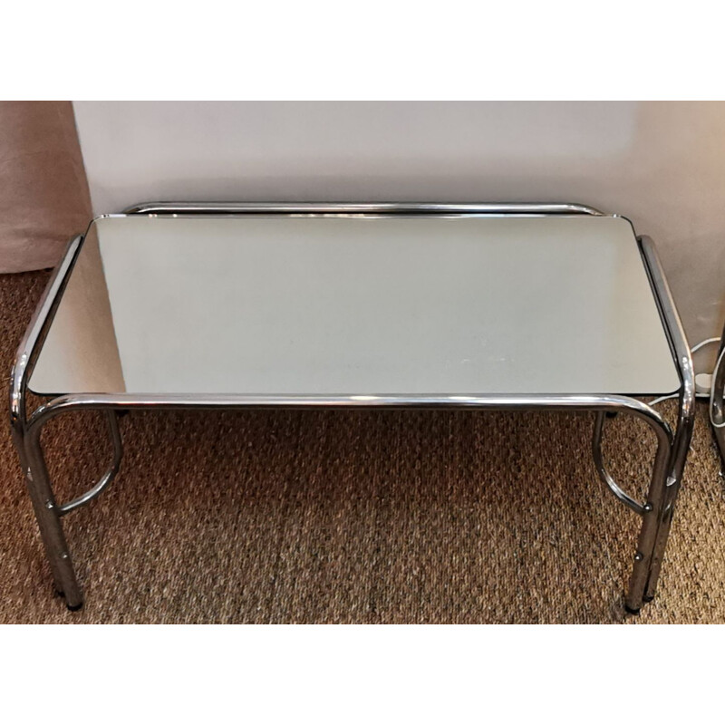 Table basse vintage en verre miroir et chrome 1970