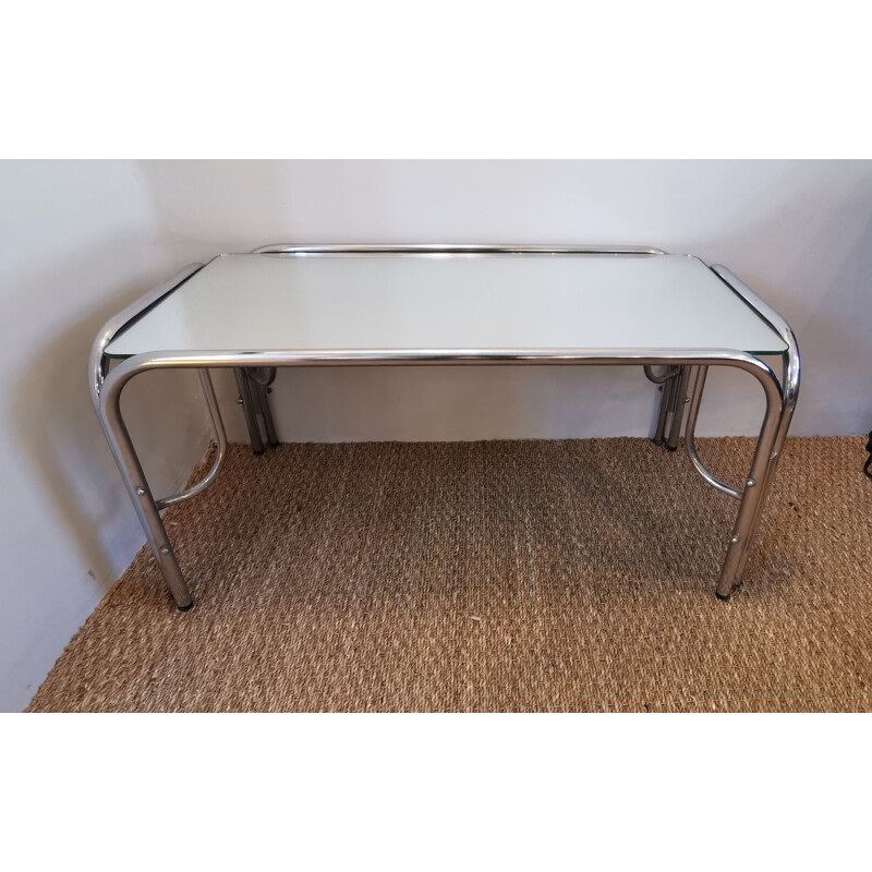 Table basse vintage en verre miroir et chrome 1970