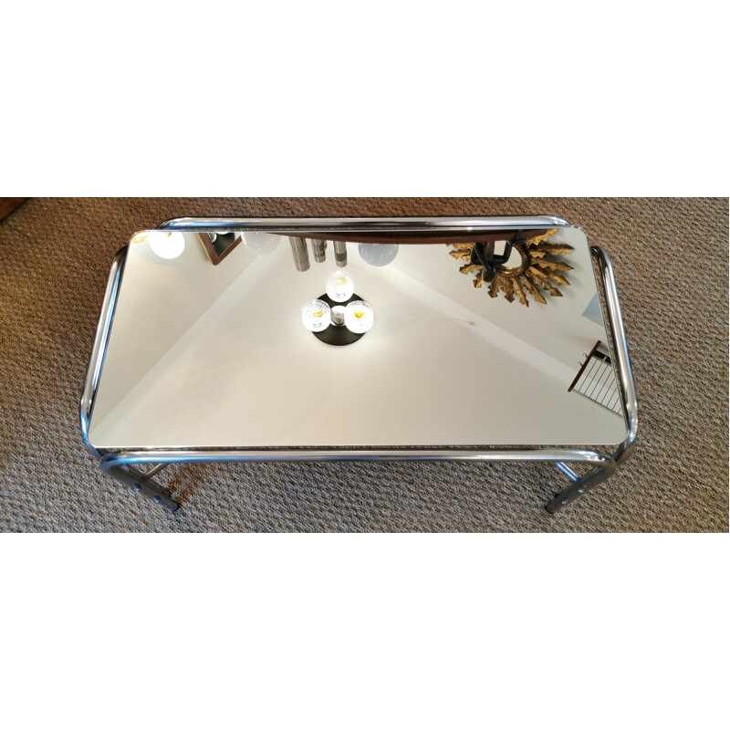 Table basse vintage en verre miroir et chrome 1970