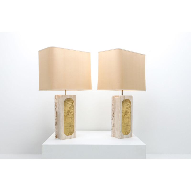 Pair of vintage brass and travertine lamps by George Matthias 1970s