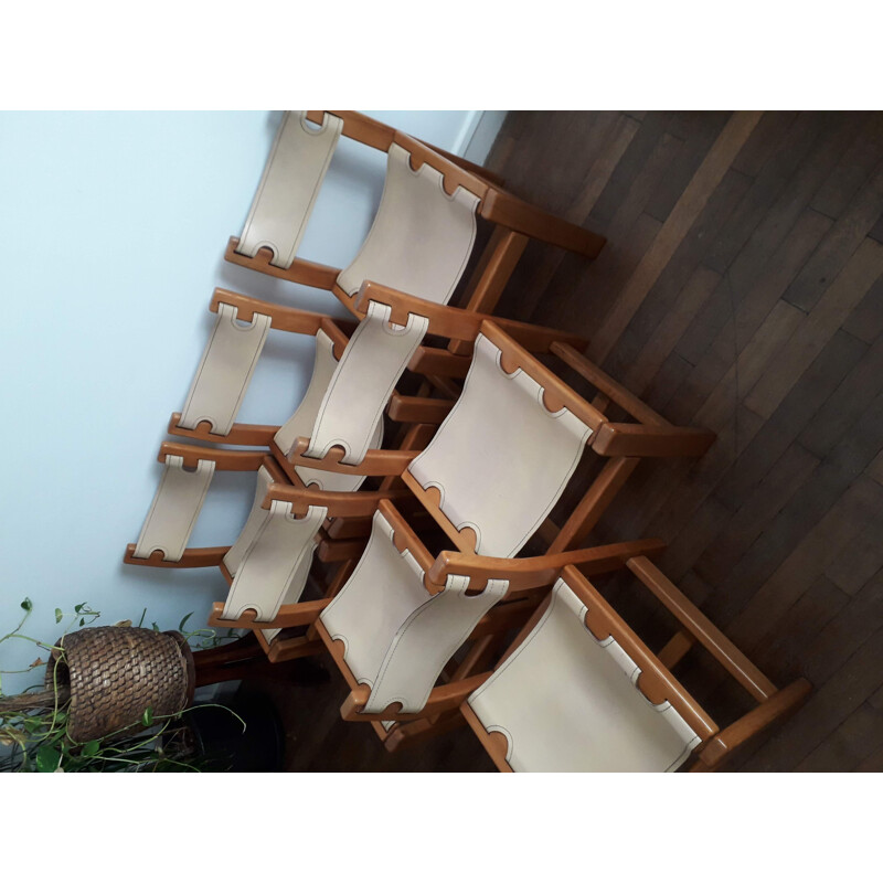 Set of 6 chairs by Maison Regain in solid elm and leather