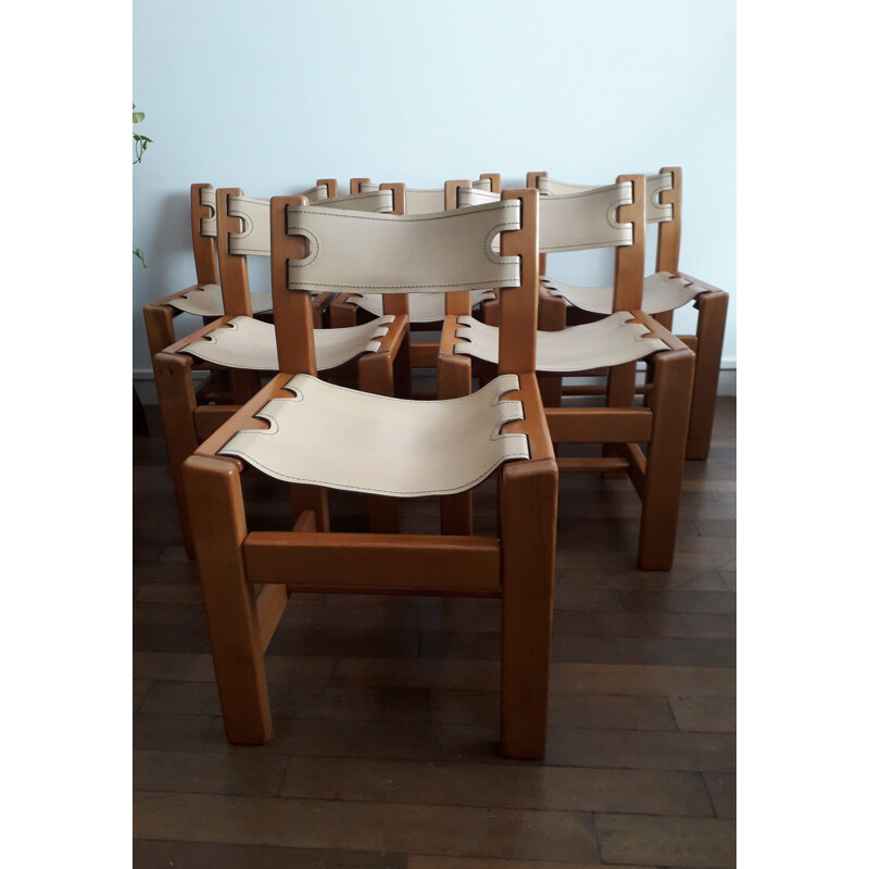 Set of 6 chairs by Maison Regain in solid elm and leather