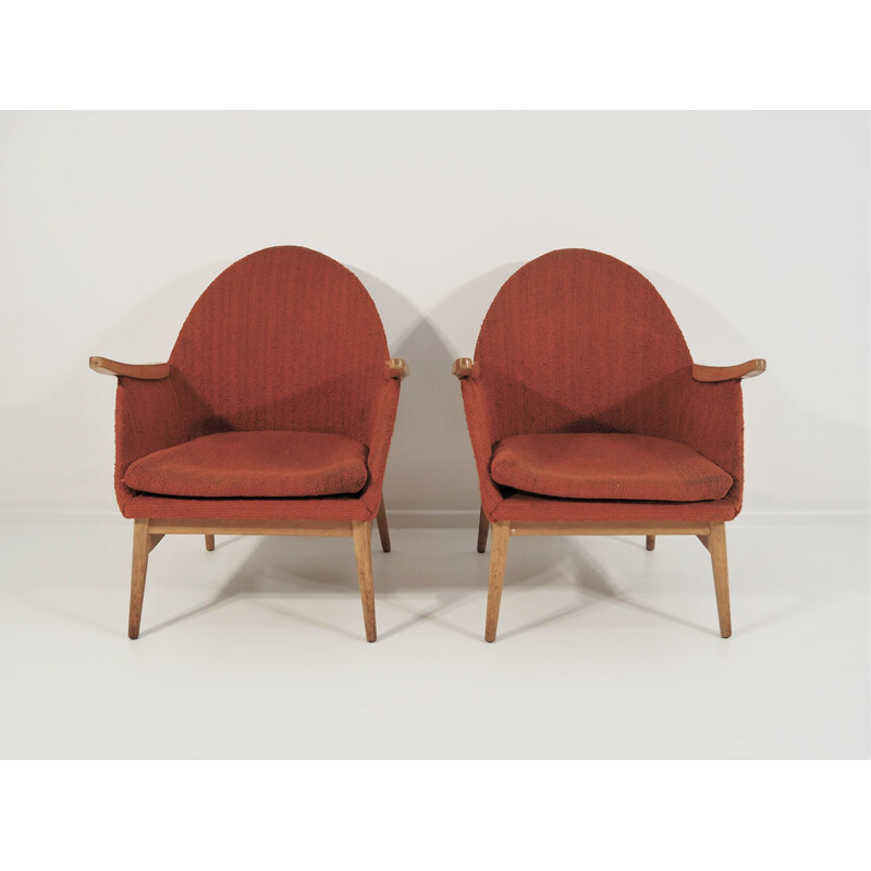 Pair of Vintage red Beechwood armchairs 1970